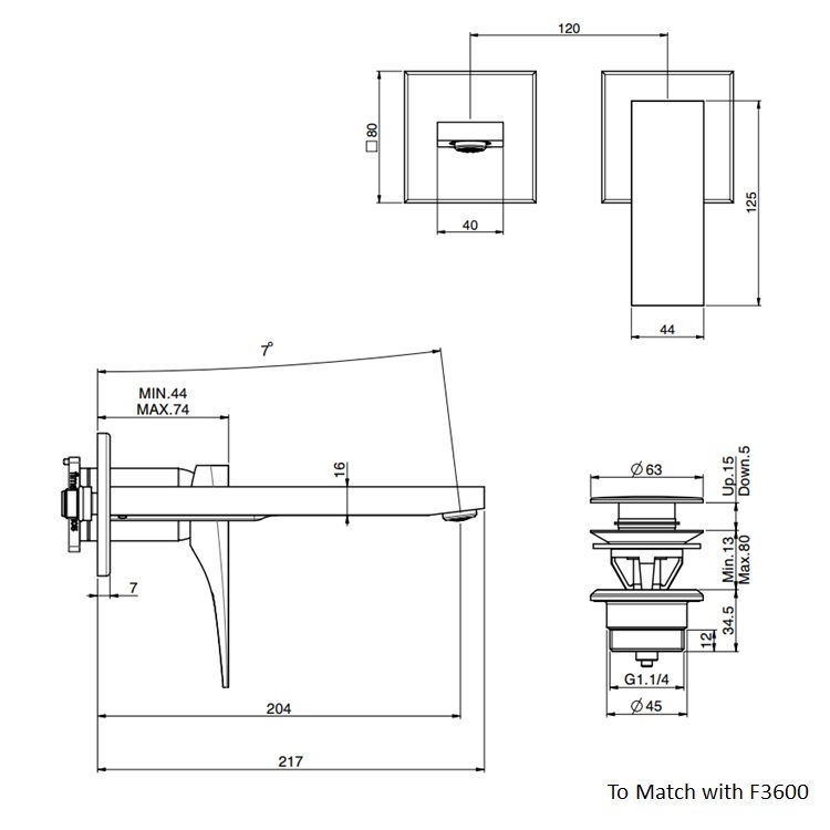 Fima Carlo Frattini "Zeta" F3971NLX8CR + F3600 Wall Mounted Basin Mixer w/ click clack pop-up waste (204mm)