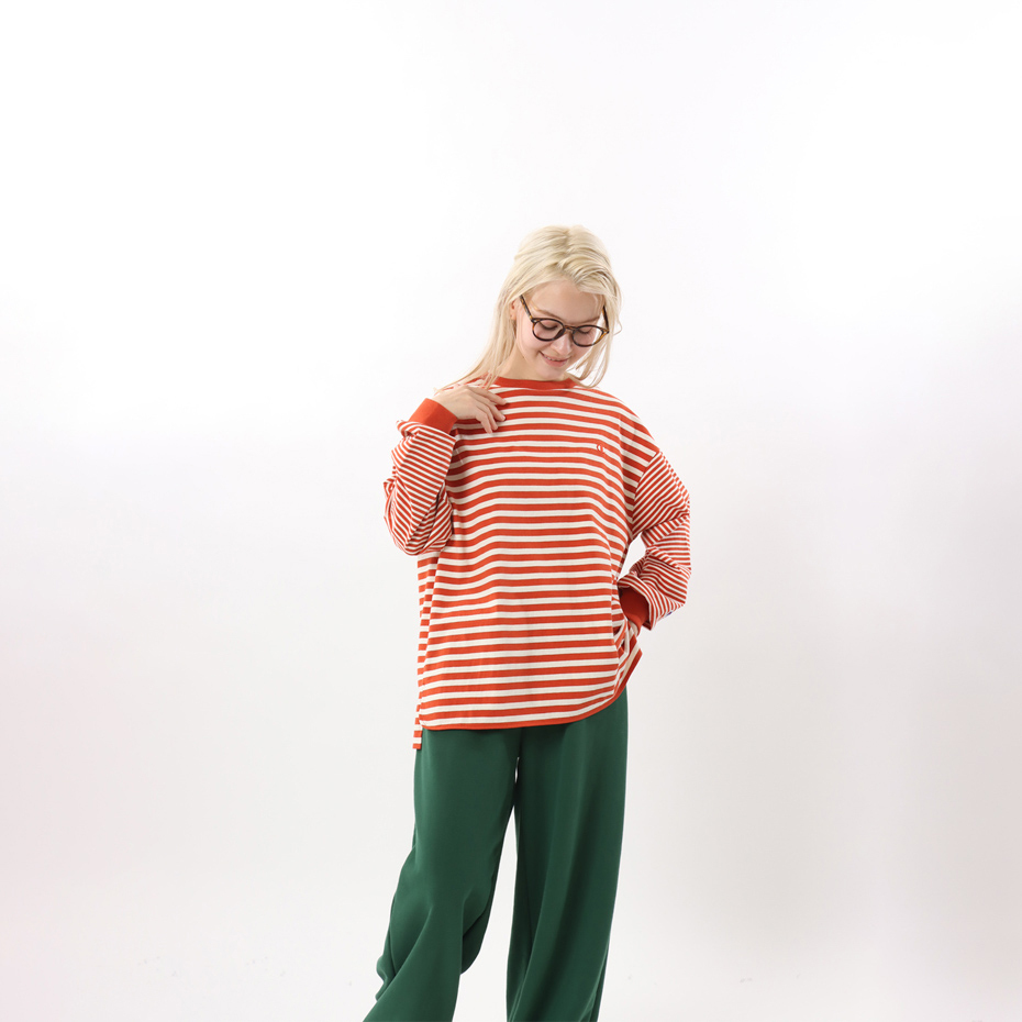 女款-CASUAL 寬版條紋長袖TEE-橘色（CW-Y401-451）