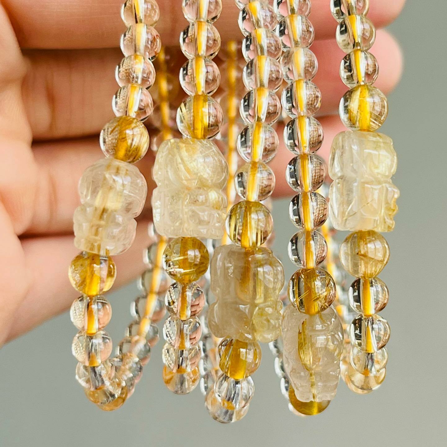 [原石] 鈦髮晶+黃水晶 貔貅水晶手串