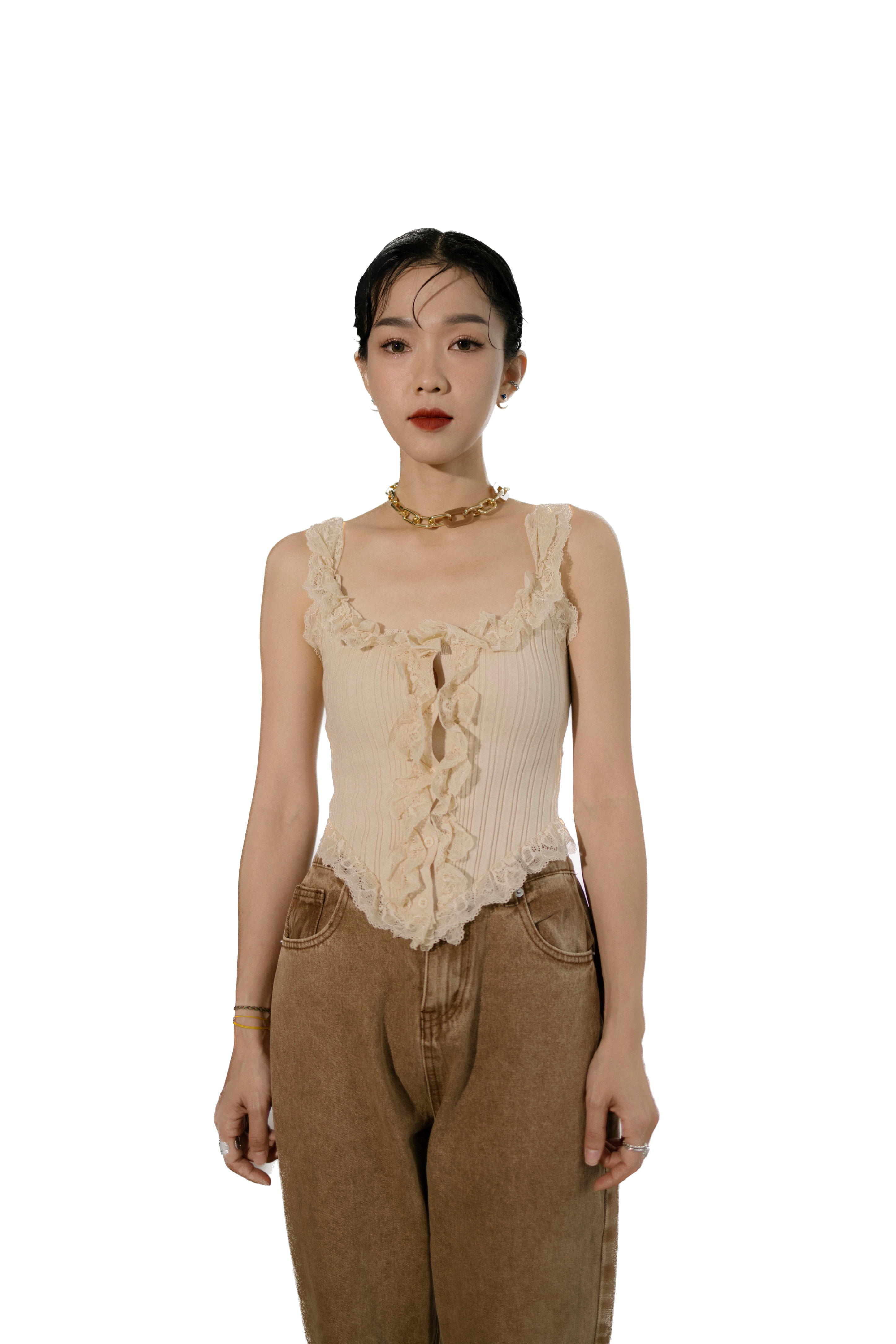 綑lace邊弧腳針織背心 (現貨款式）