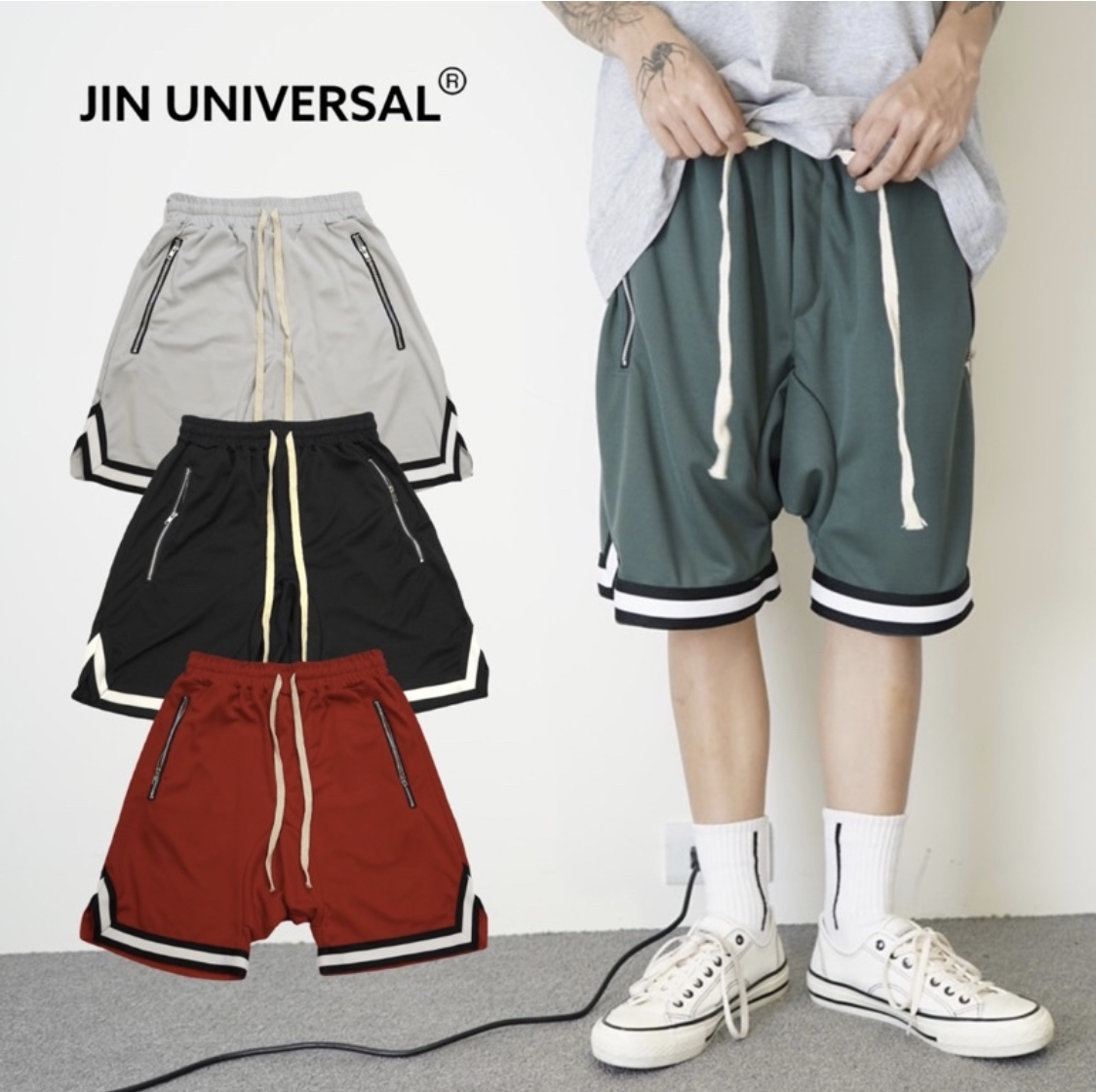 JINUNIVERSAL 滾邊抽繩撞色球褲 短褲 休閒球褲 休閒短褲 球褲