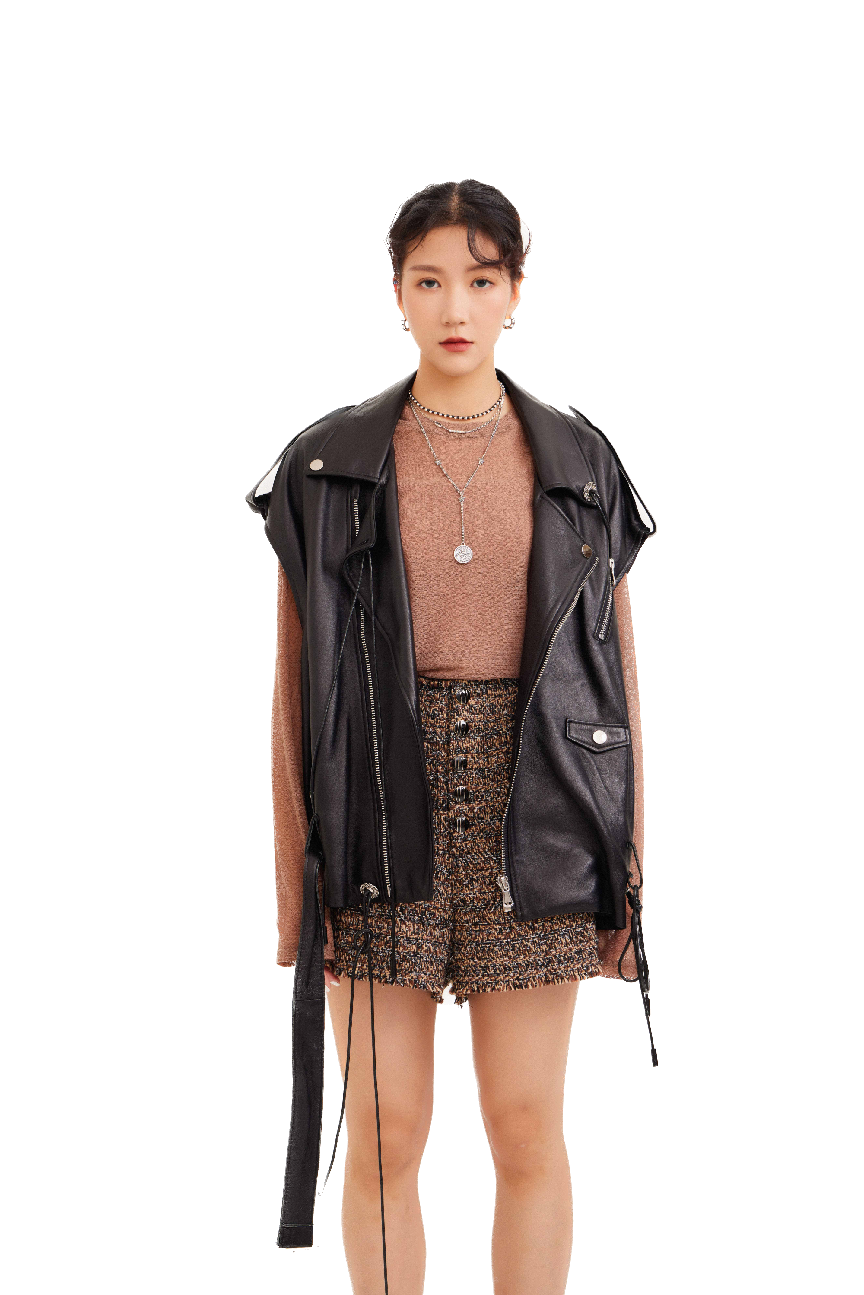 oversize裝飾吊繩羊皮biker背心 (現貨款式）