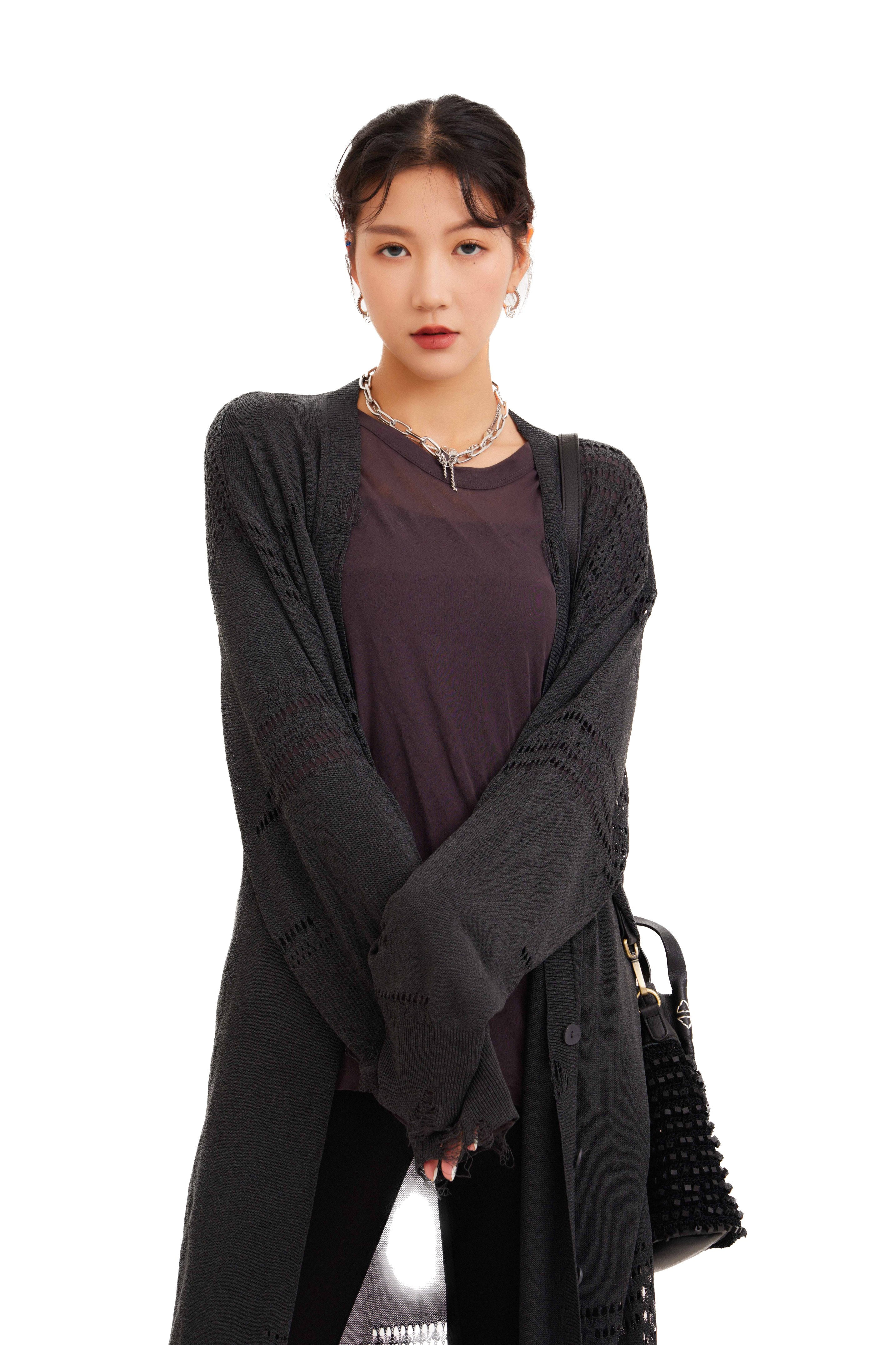 不規則穿洞破爛感長針織外套 (現貨款式）