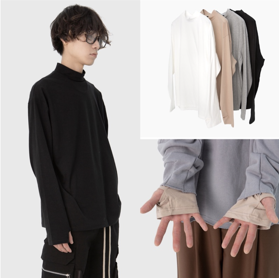 韓國 Raucohouse 親膚 半高領 忍者袖 內搭 長袖 前短後長