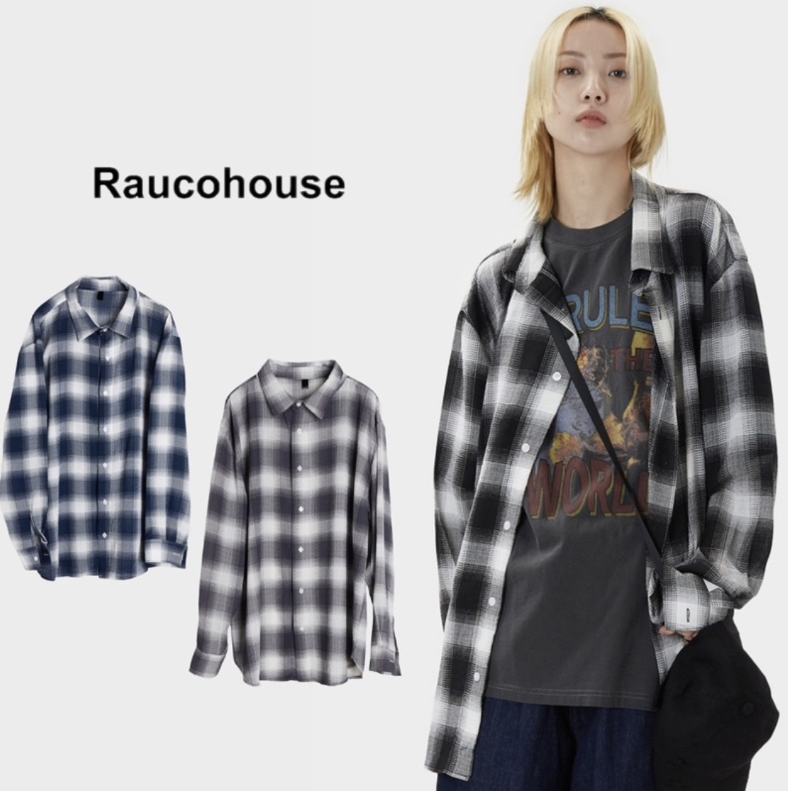 韓國 Raucohouse 格紋長袖襯衫 襯衫 休閒襯衫 街頭 隨性 格紋襯衫