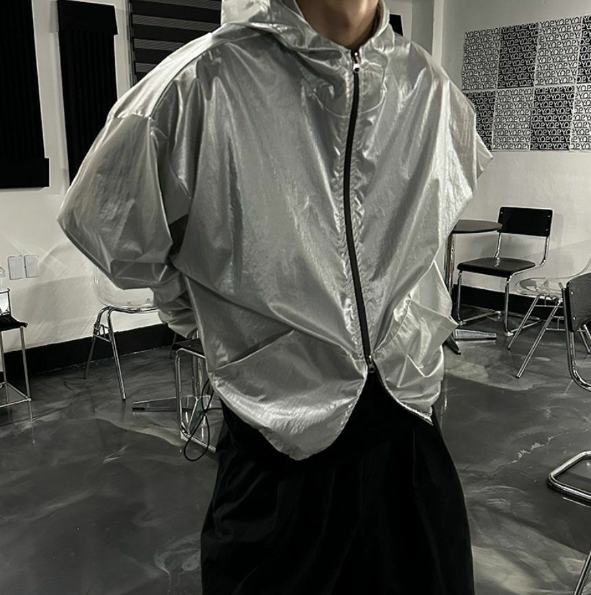 淨色亮面連帽拉鍊外套 OWN-026JK