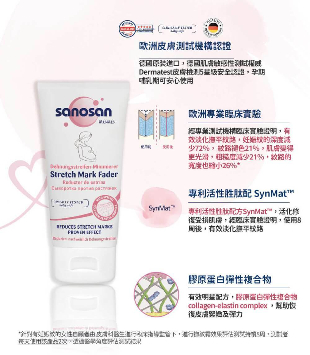 妊娠紋是一種深層的肌膚變化,珊諾妊娠霜內含獨特膠原彈力蛋白,真正有效預防,搭配妊娠油效果更佳。珊諾S孕女神成分溫和植物馨香,孕媽咪圈推薦愛用