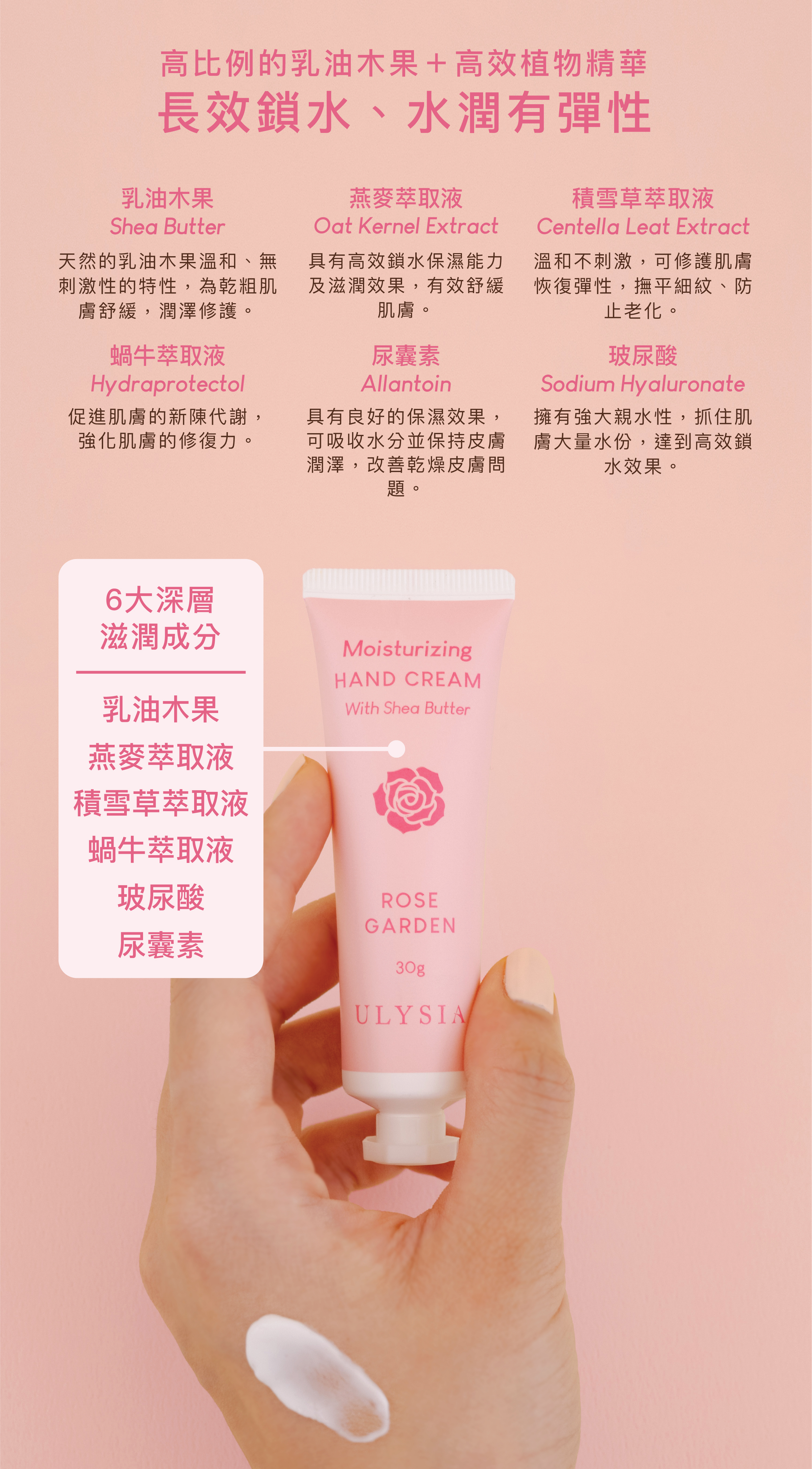 高比例的乳油木果＋高效植物精華長效鎖水、水潤有彈性