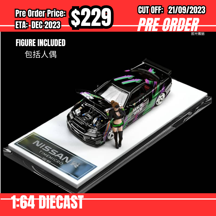 PO-$229 * Time Micro *1:64 Nissan Skyline GTR R34 HKS Black w/figure [OD14/09]