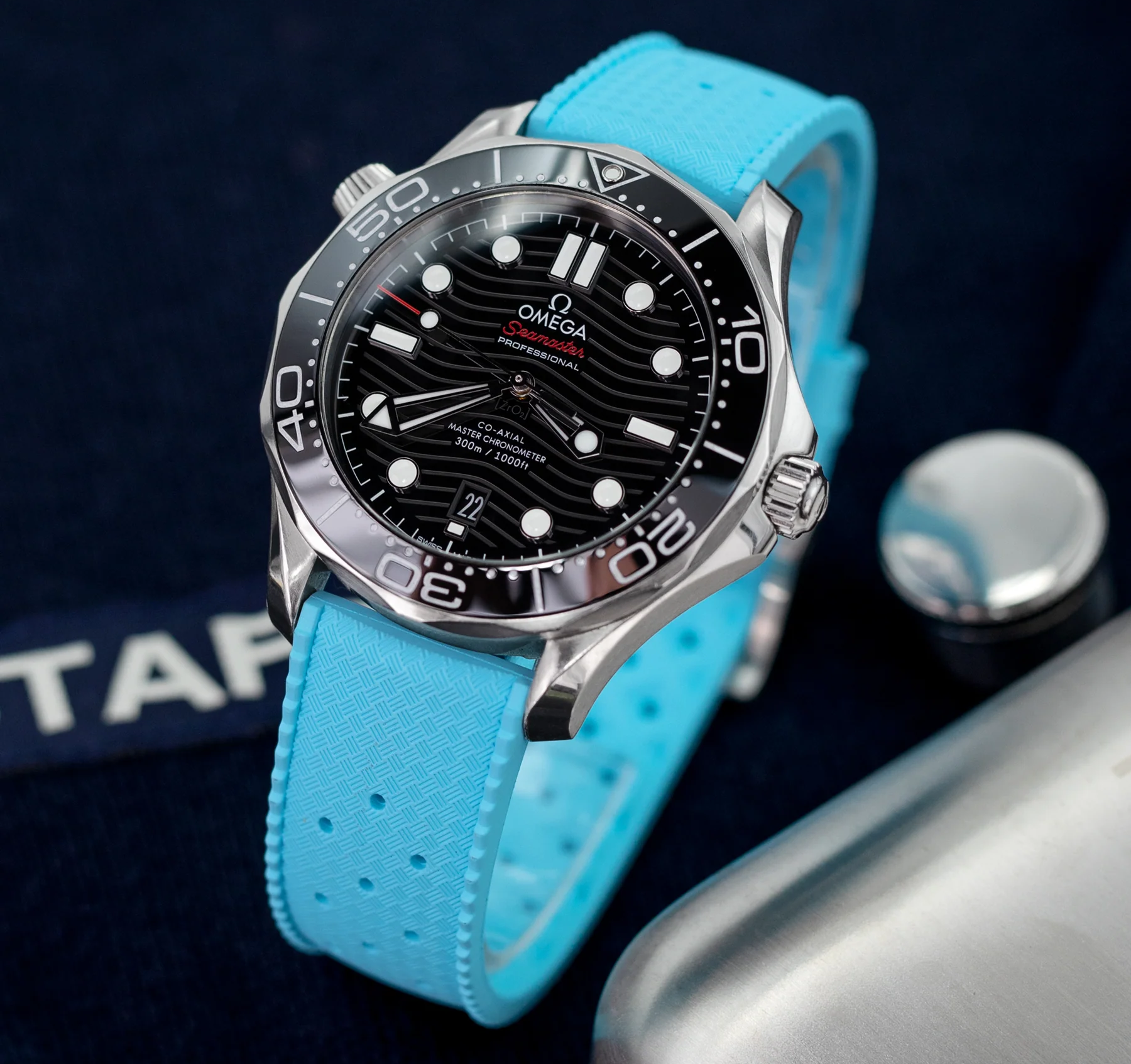 萬年鐘錶 - 太空人錶帶 錶帶寬22MM平口各大品牌代用橡膠錶帶 天藍色Tropic Pro 熱帶錶帶橡膠快拆潛水款  FKM05W-22A20PBU66