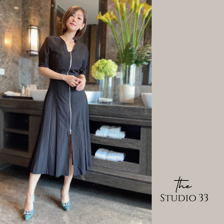 宮廷袖拉鍊設計修身洋裝