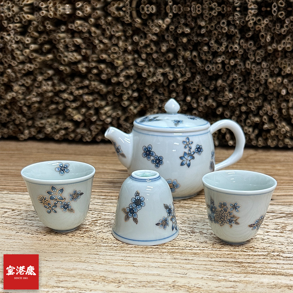 手繪金絲藍花幸福茶組4入禮盒套裝(1壺3杯)
