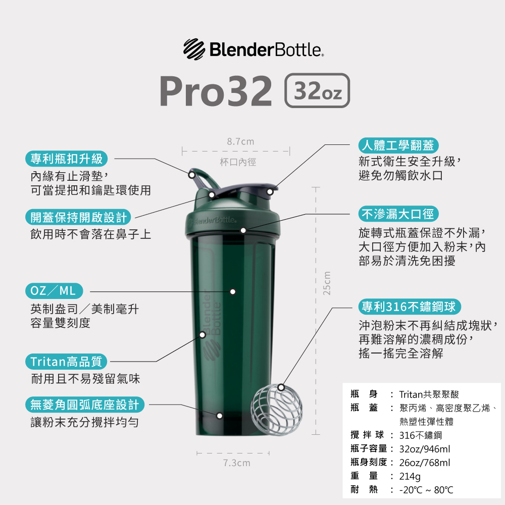 BlenderBottle】Pro32 Tritan Professional Shaker Bottle 32oz/946ml