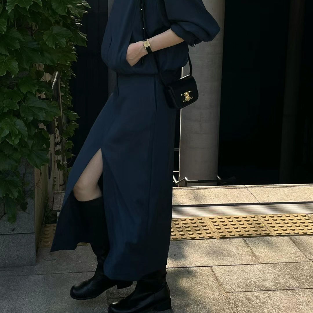 Rayon前衩設計滑順直身裙(土耳其藍/S)