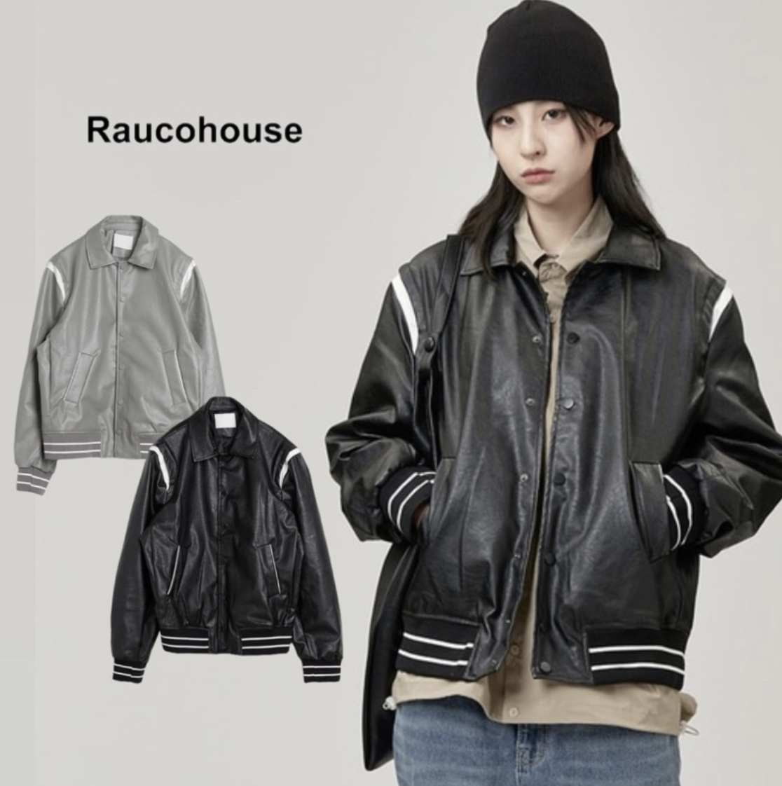 韓國 Raucohouse 細槍背帶仿舊皮革棒球外套 棒球外套 外套 槍背帶