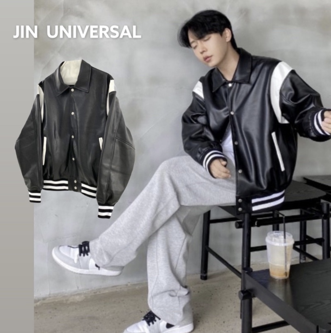 JIN UNIVERSAL 韓國 背袋設計拼色皮革棒球外套 皮衣 拼接 夾克 外套 皮衣 棒球外套