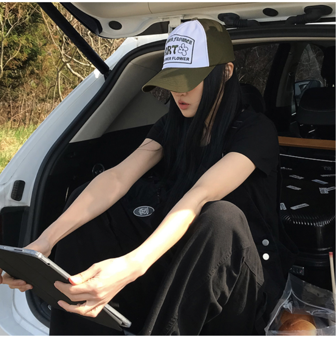 韓國 AAKE 藝術 小花 刺繡 拼接 網帽 棒球帽 鴨舌帽 帽子