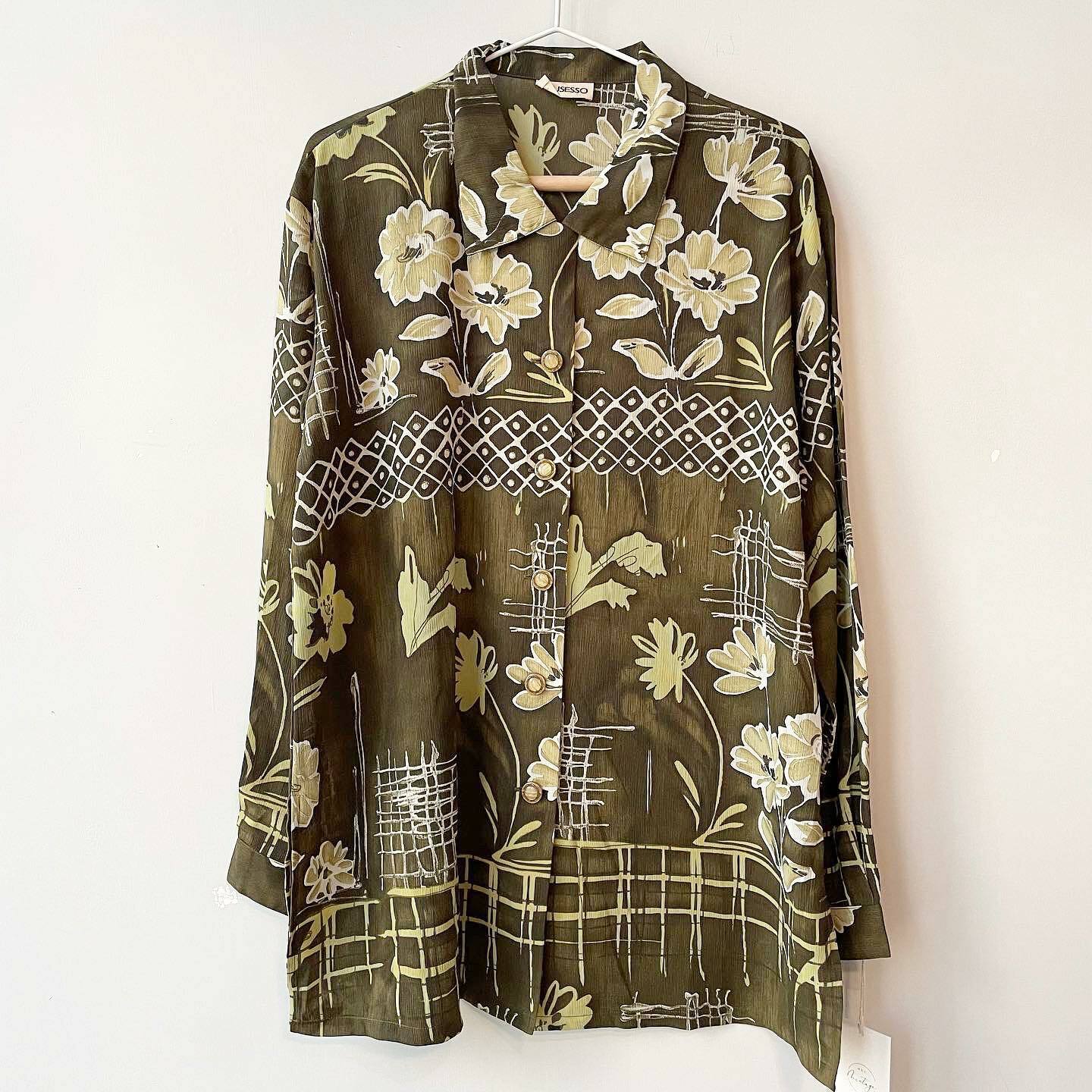 橄欖綠手繪大花長袖上衣