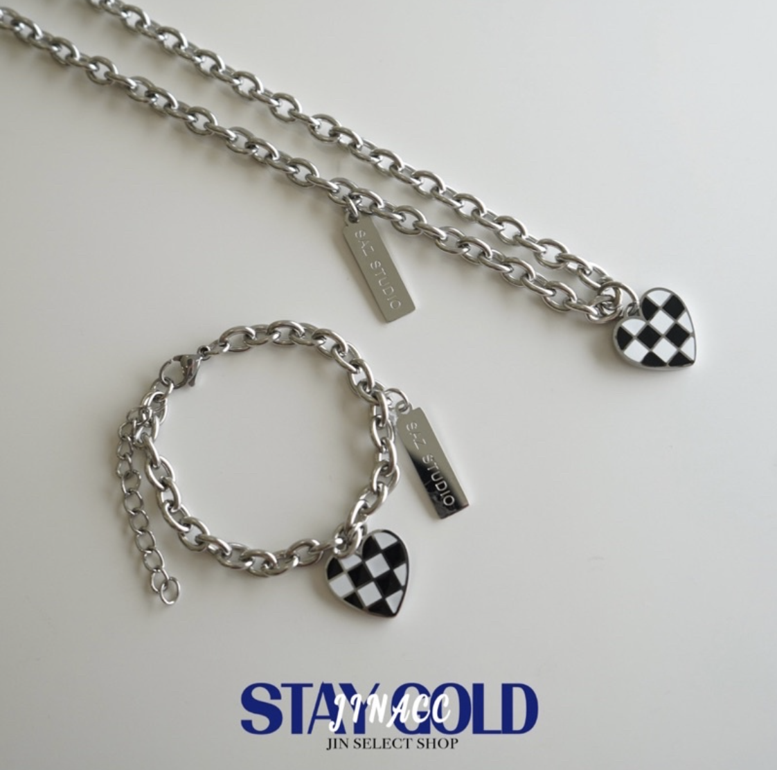 JIN ACC 平價盒裝飾品 (項鍊) 棋盤格 愛心黑白方格古巴項鍊 愛心 方格 OT扣 古巴鍊 飾品 銀飾