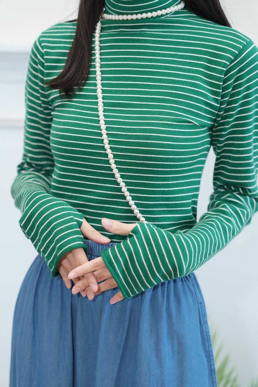 不收邊條紋高領上衣(三色-綠)
