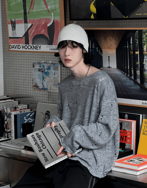 褶皺復古破洞針織衫上衣