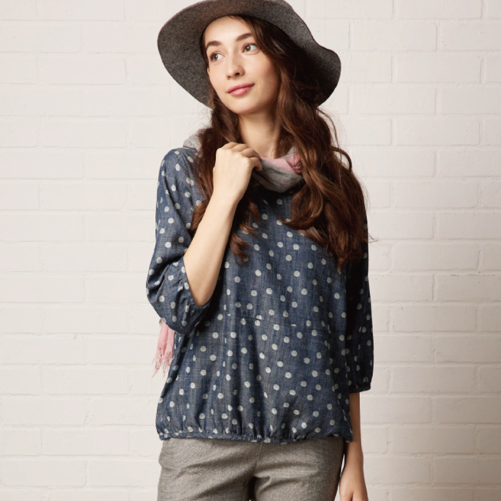 PIPPY優雅點點7分袖圓領上衣 丈青