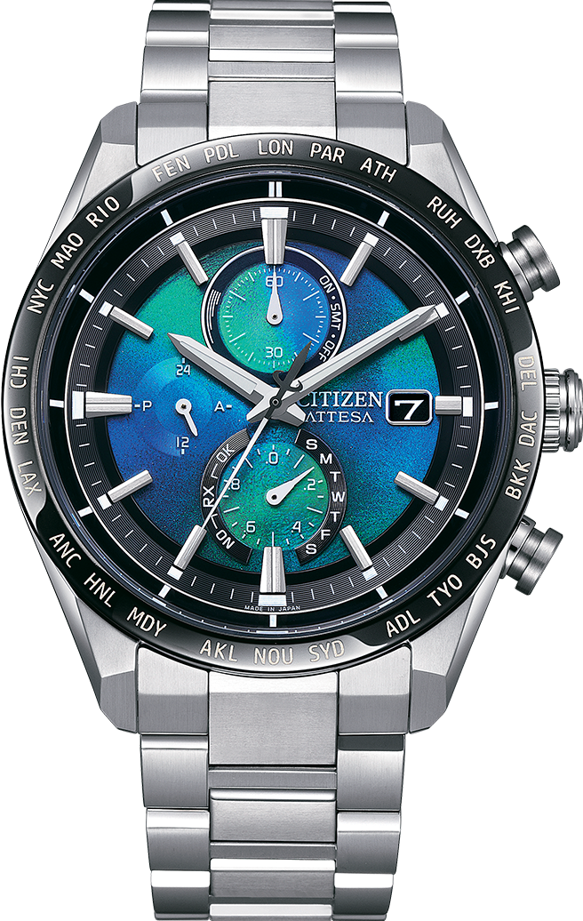 萬年鐘錶 - Citizen 星辰錶   ATTESA系列  貝殼藍面鈦金屬電波對時男錶 AT8188-64L 錶徑42MM
