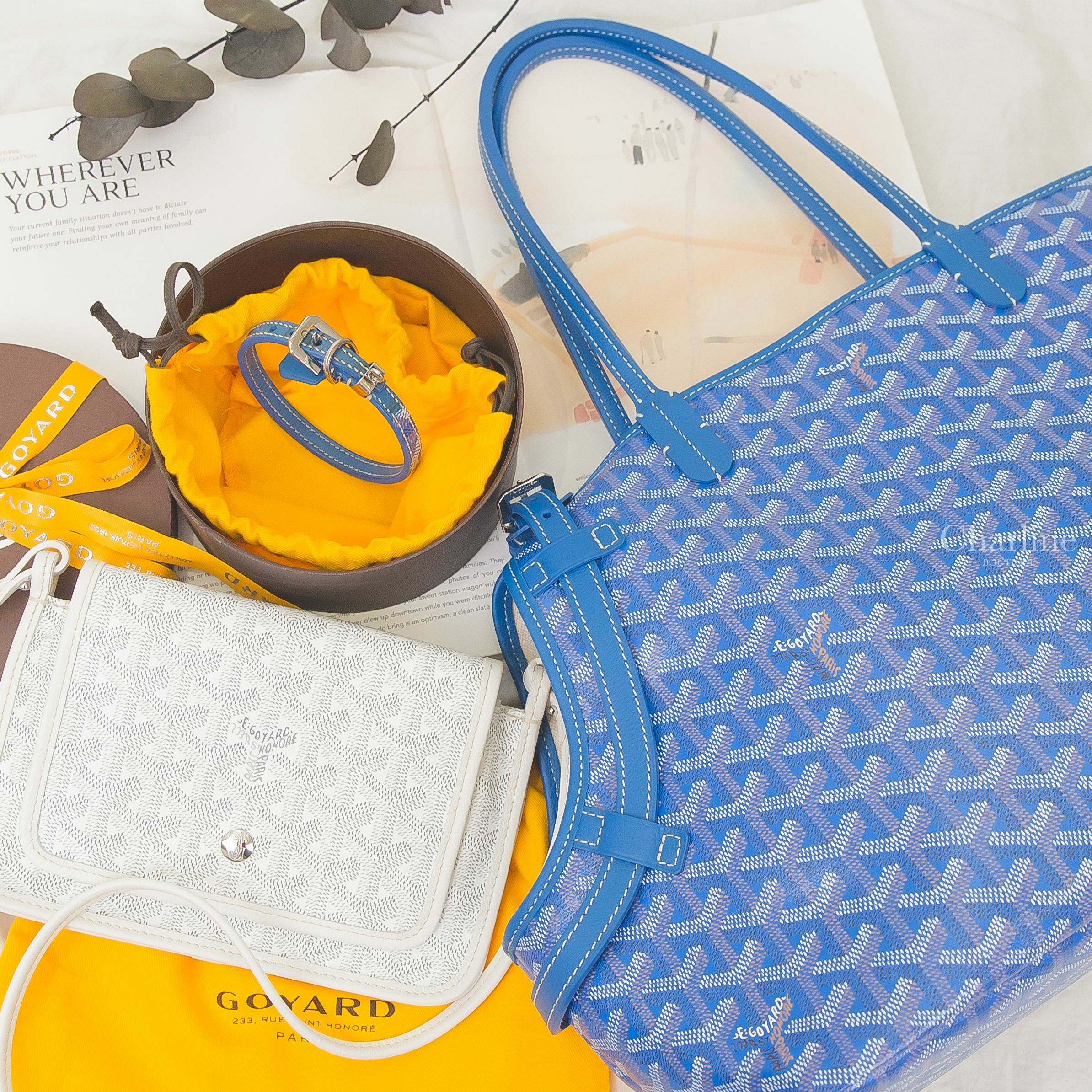 Goyard Chien Gris Bag 寶藍色提把無拉鍊寵物托特包,Goyard 白色小牛皮肩背包,Jil Sander Logo T-shirt 白色短袖黑色小 Logo 印花棉T-Charline Boutique 精品代購