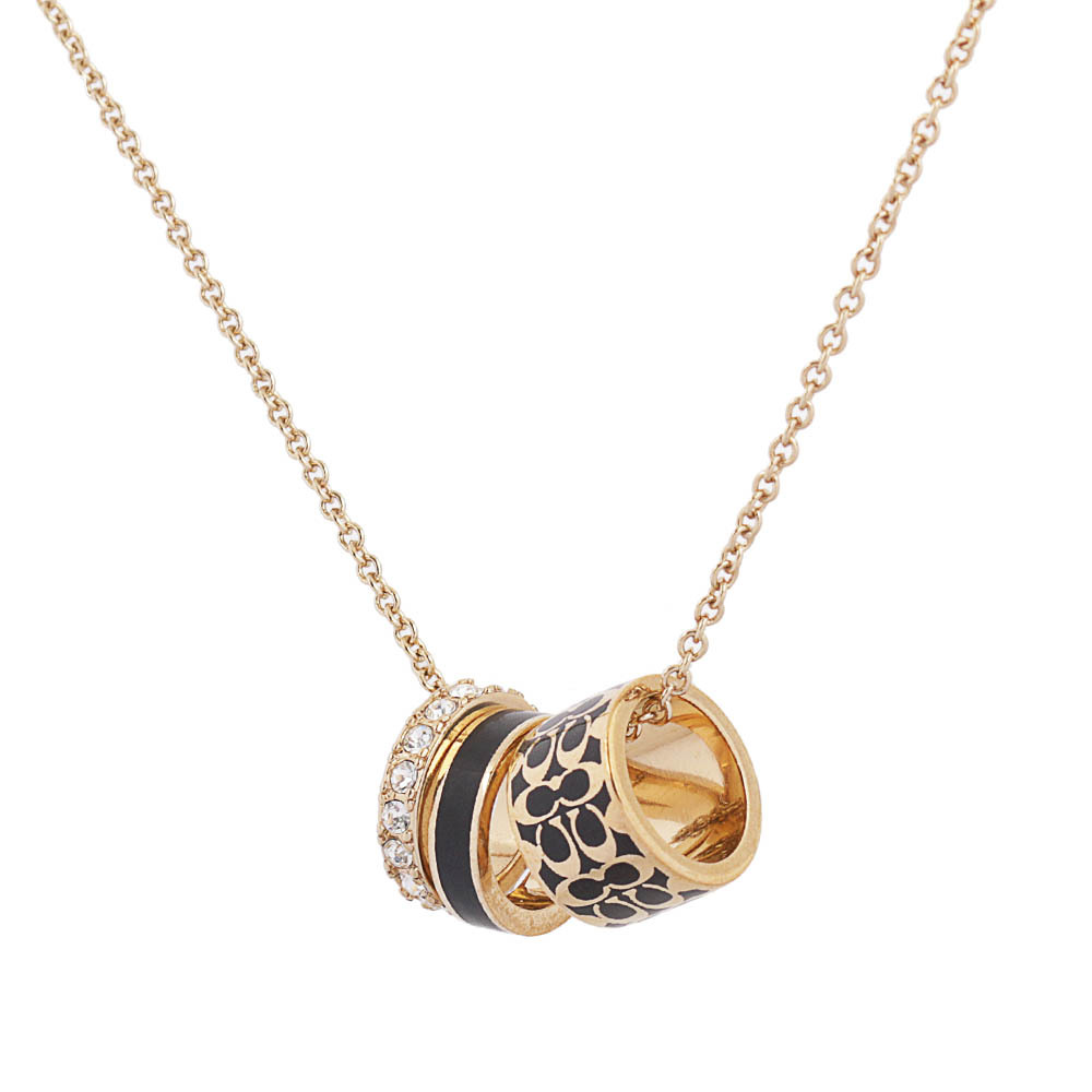 【COACH】Logo版滿/琺瑯/玻璃水鑽三圓環項鍊(金色/黑色) C9446 GDBK