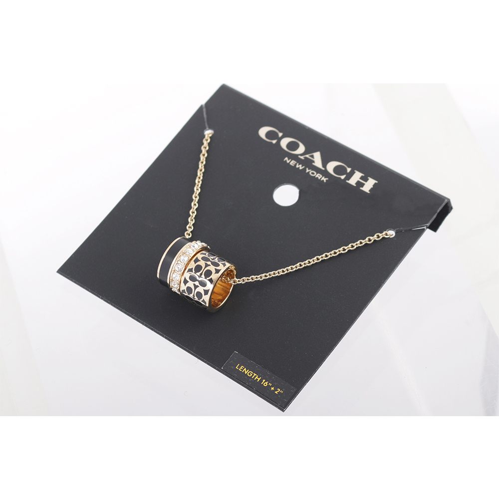 【COACH】Logo版滿/琺瑯/玻璃水鑽三圓環項鍊(金色/黑色) C9446 GDBK