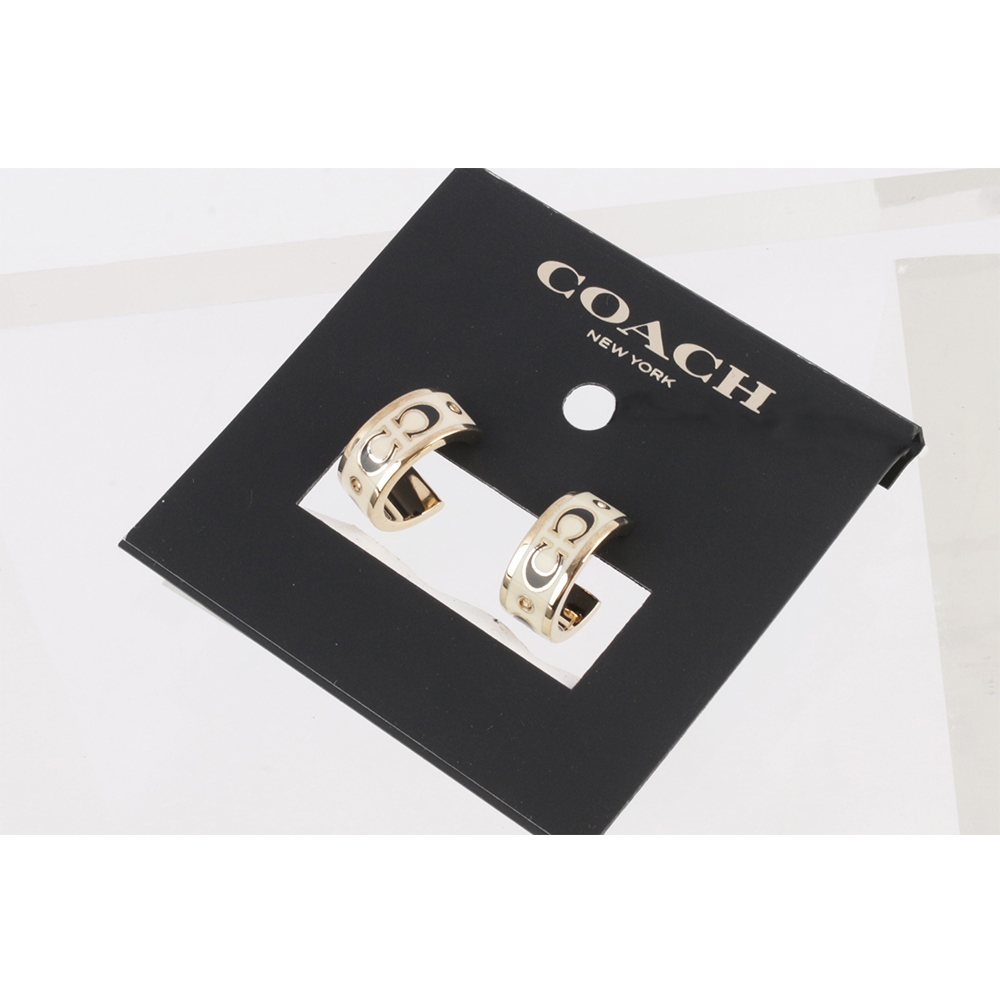 【COACH 】CC Logo 琺瑯及玻璃水鑽環狀耳環(金色/白色) CI903 GDWT