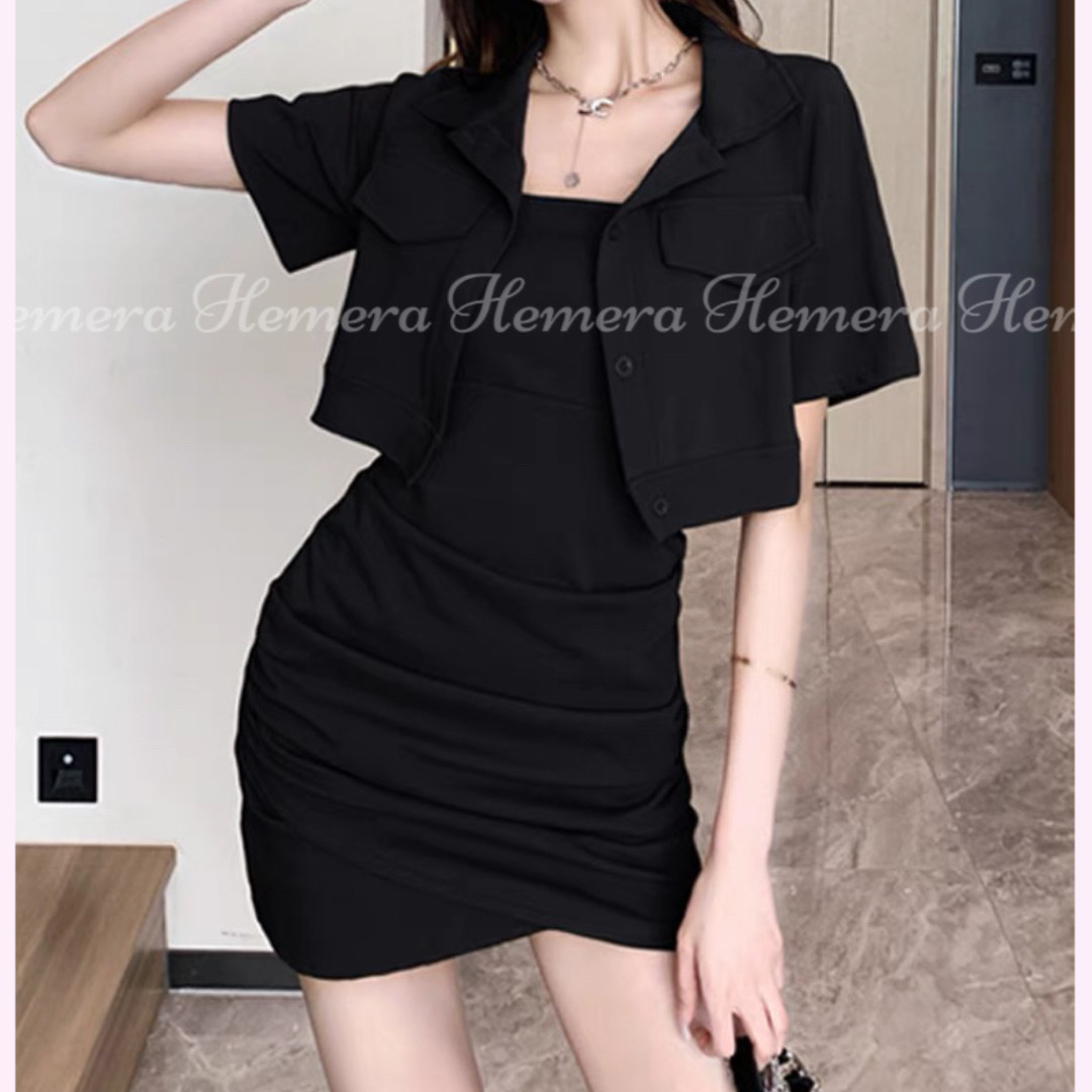 ST23S0933 短版外套連吊帶開叉連身裙