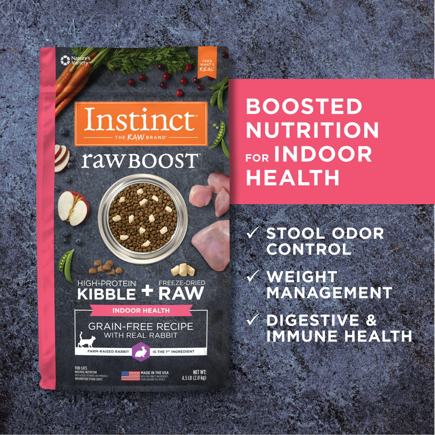 Instinct 本能 – 生肉無穀物兔肉貓糧(室內健康) Raw Boost Grain-Free Indoor Health with Rabbit Recipe 4.5lb