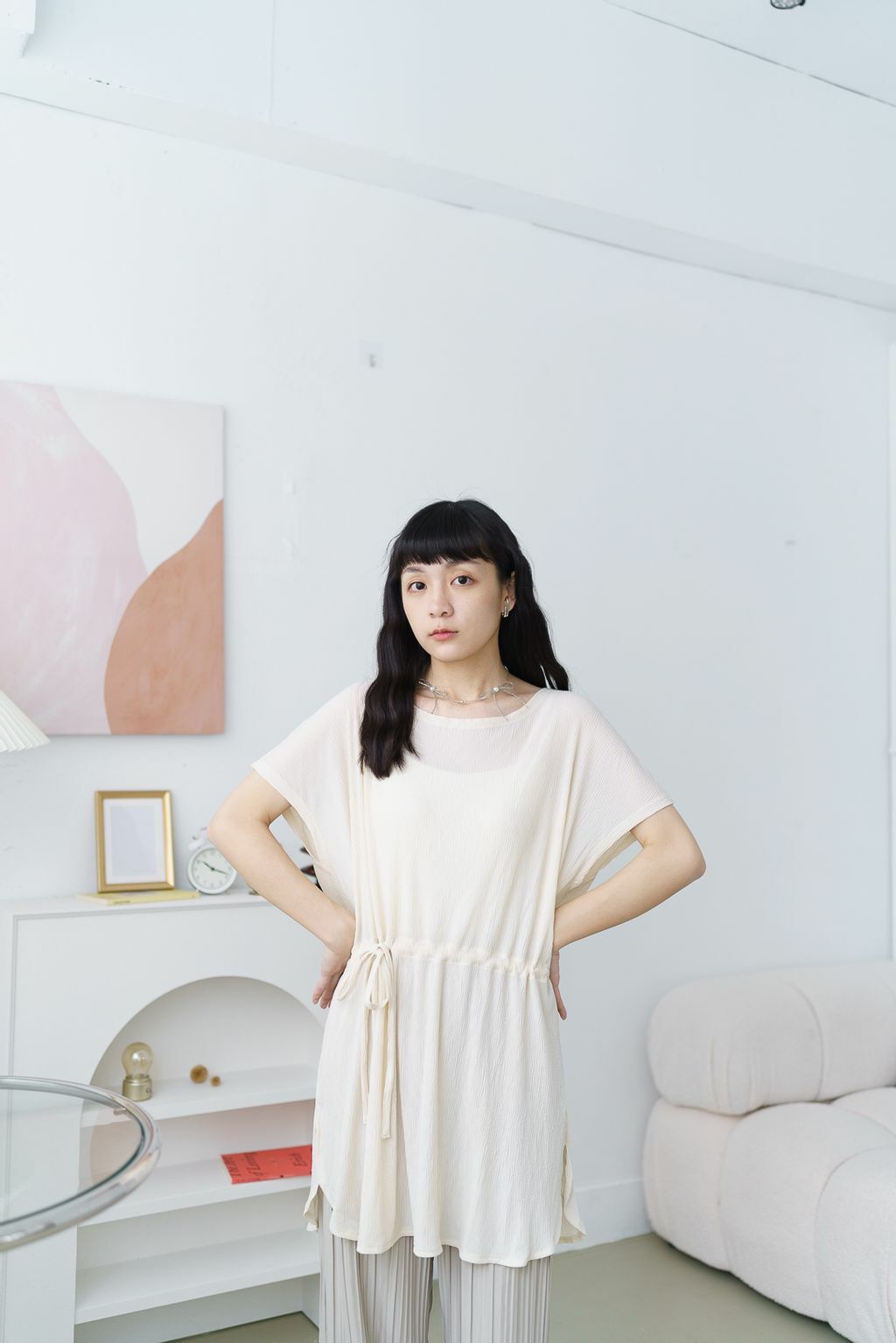 剪裁束腰抽繩上衣(三色-淺米)