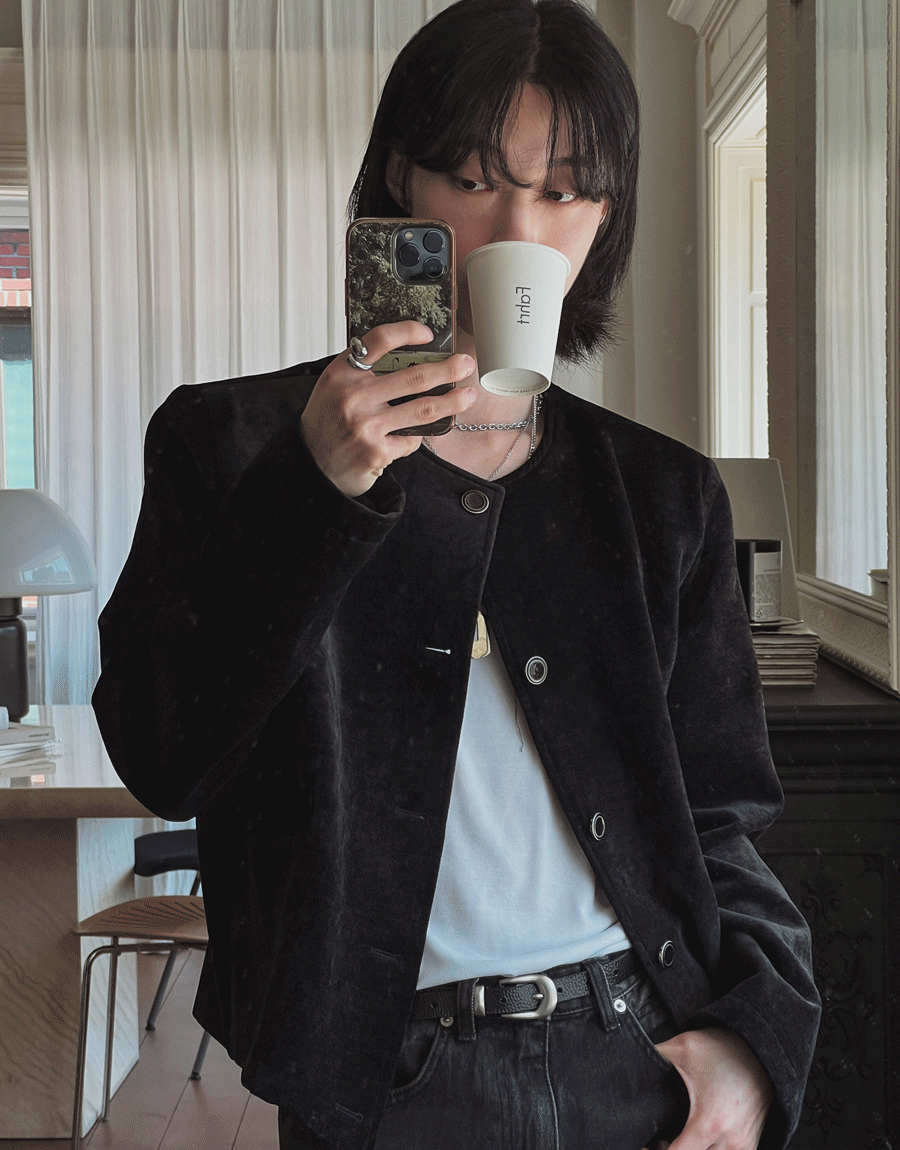 天鵝絨短款圓領夾克