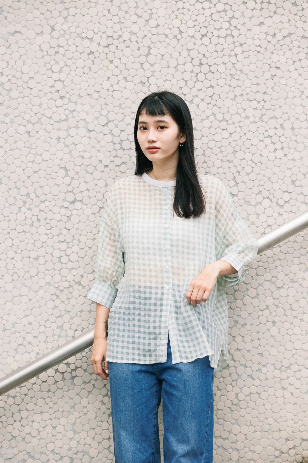 透明格紋七分袖襯衫(兩色)