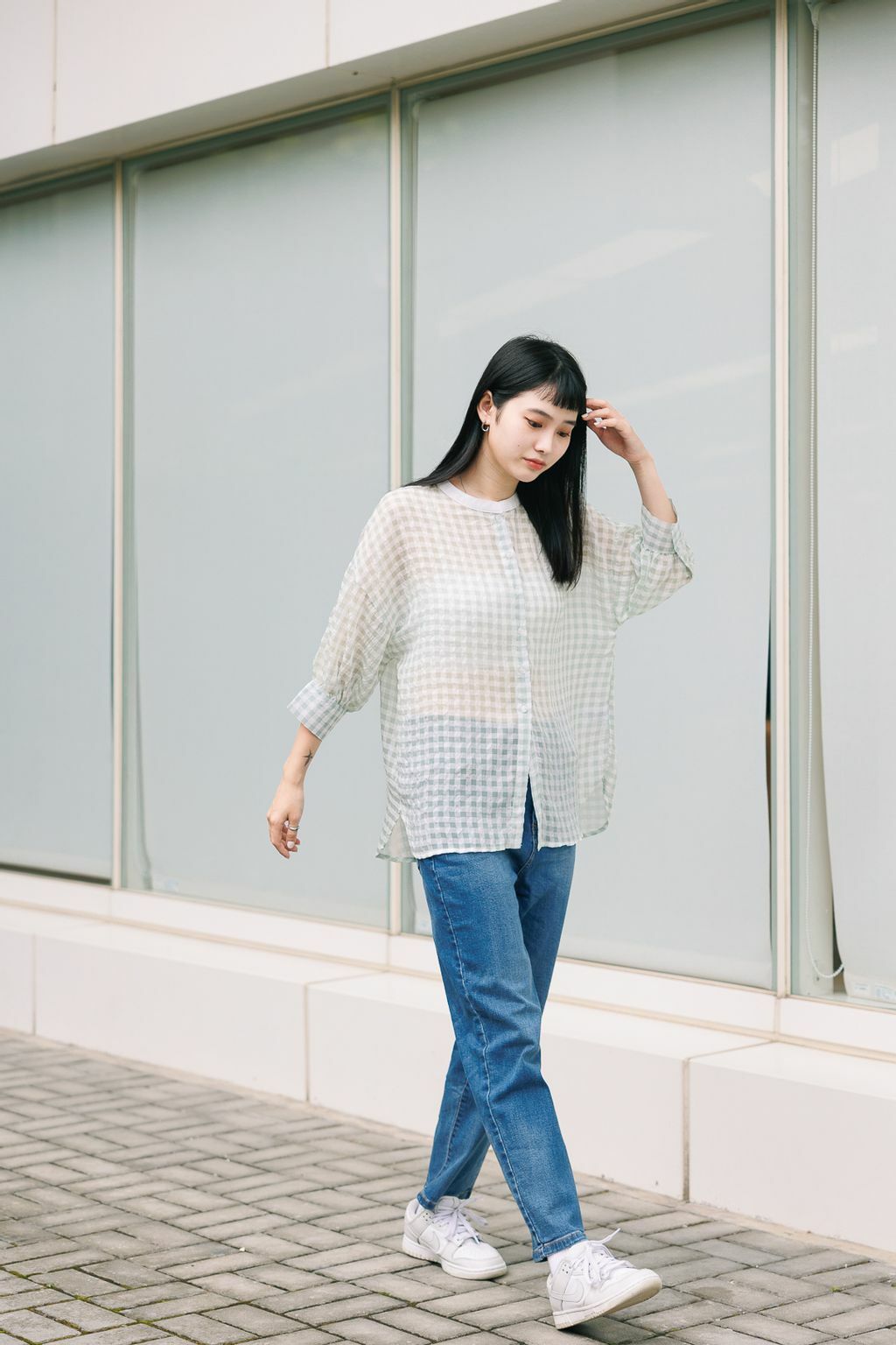 透明格紋七分袖襯衫(兩色)