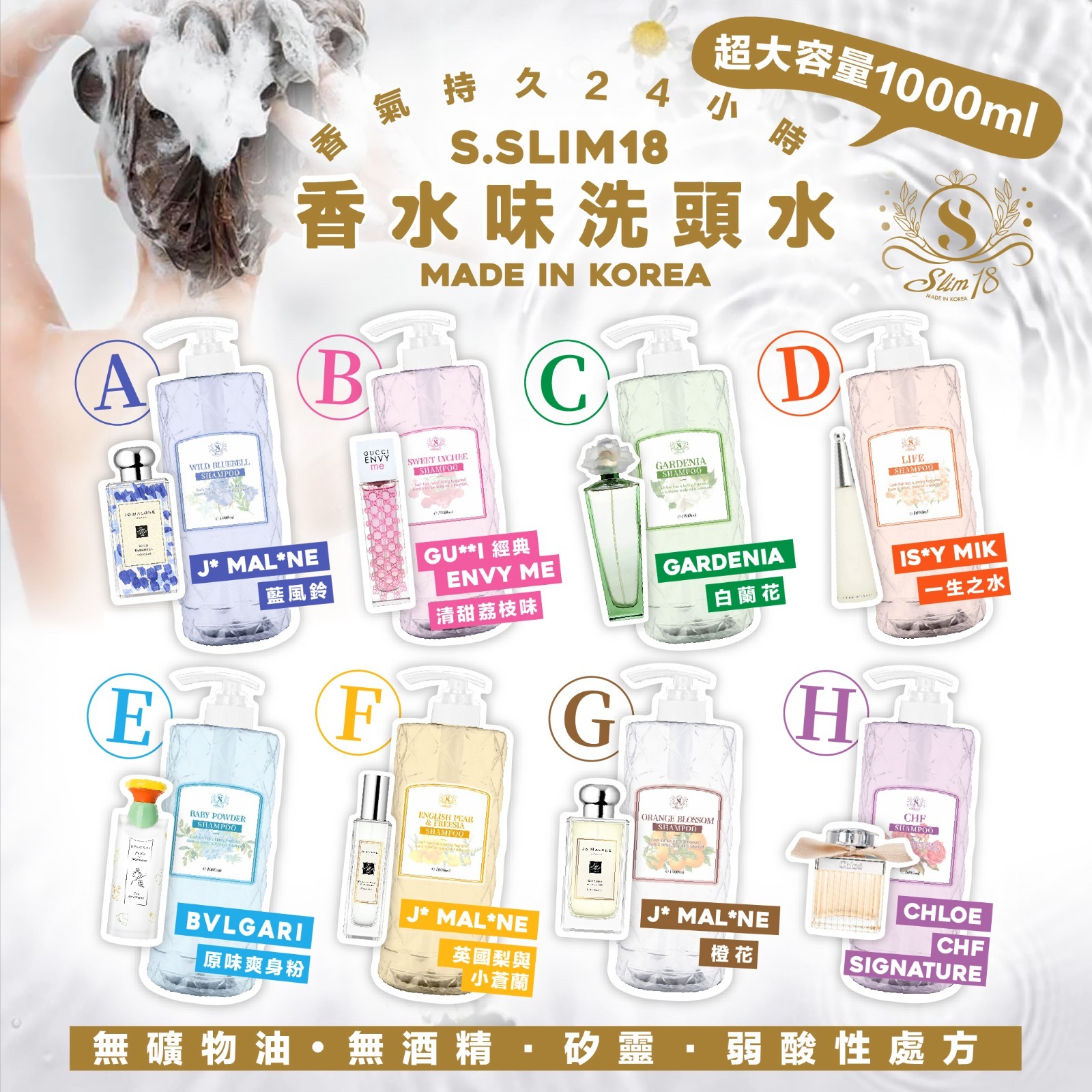 韓國製造S.slim 18香水味洗頭水1000ml