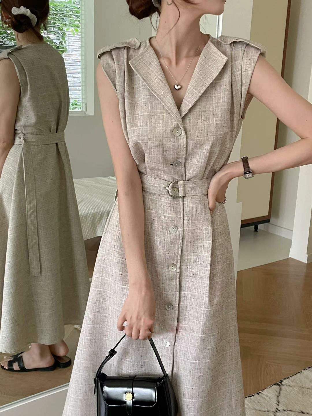 單排釦風衣式無袖洋裝(杏/藍)