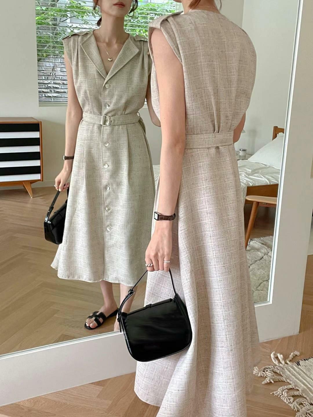 單排釦風衣式無袖洋裝(杏/藍)