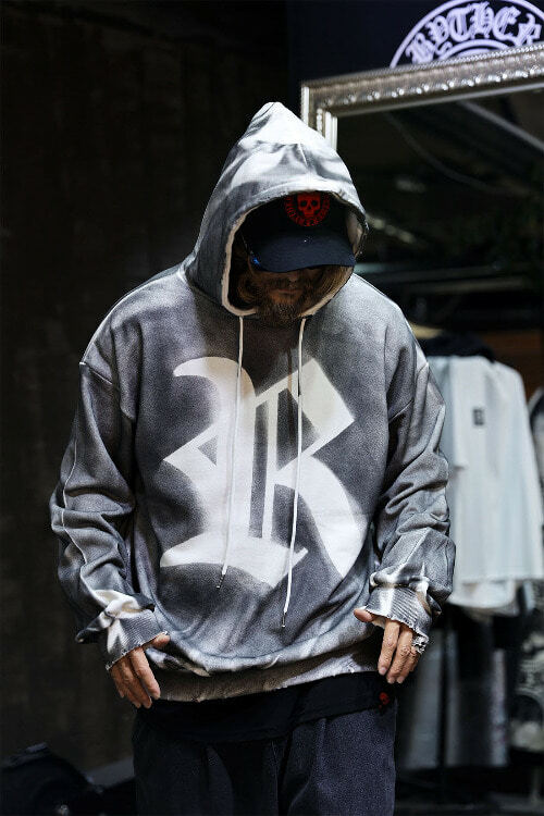 R噴漆連帽長袖T恤