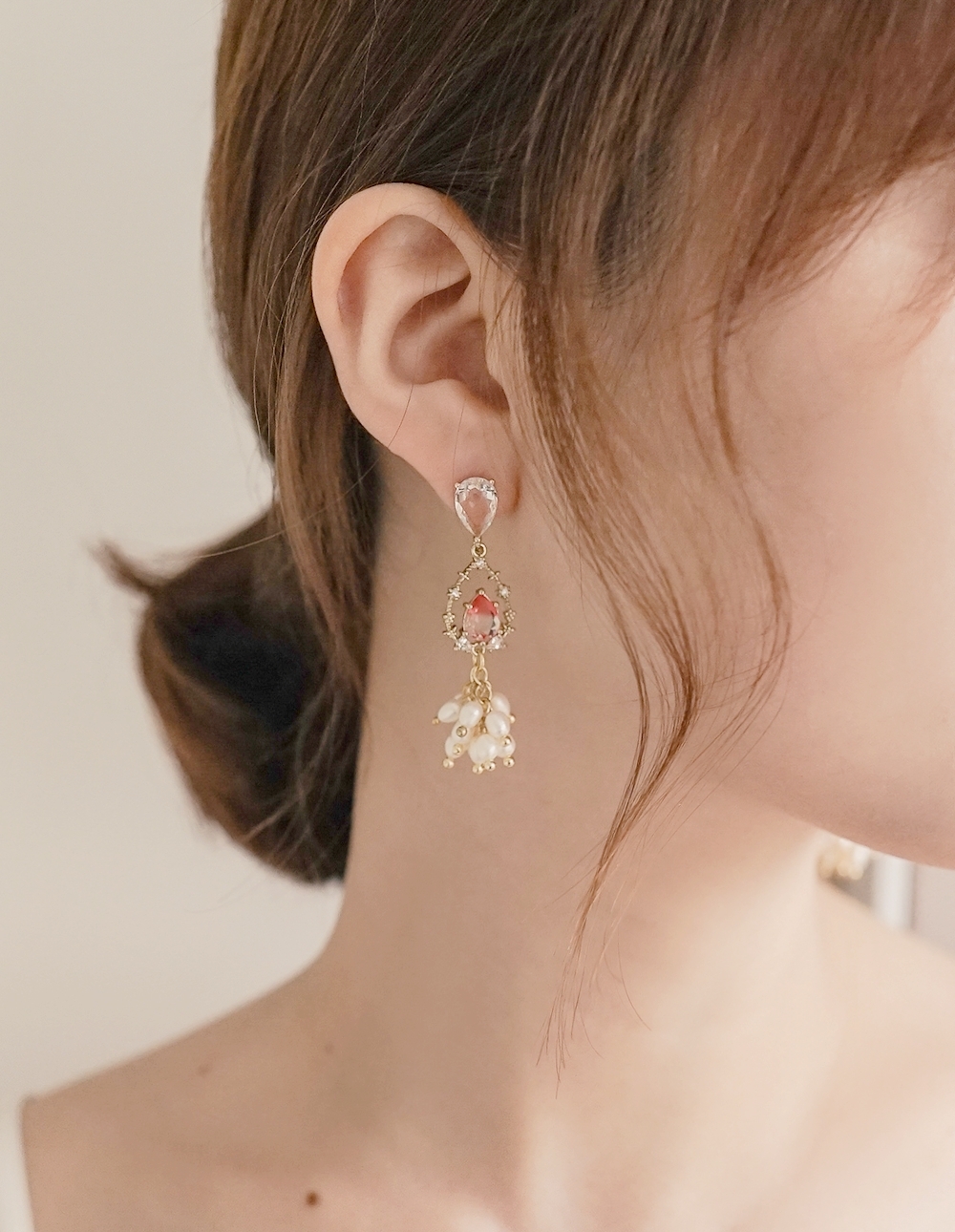 by mii✧水滴寶石真珠耳飾✦紅