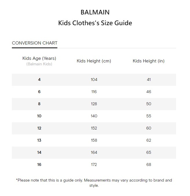 Balmain kids discount size chart