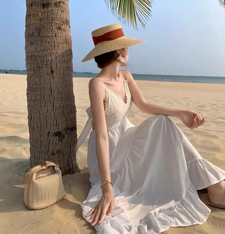 SLD013 白色編織上身渡假風長裙
