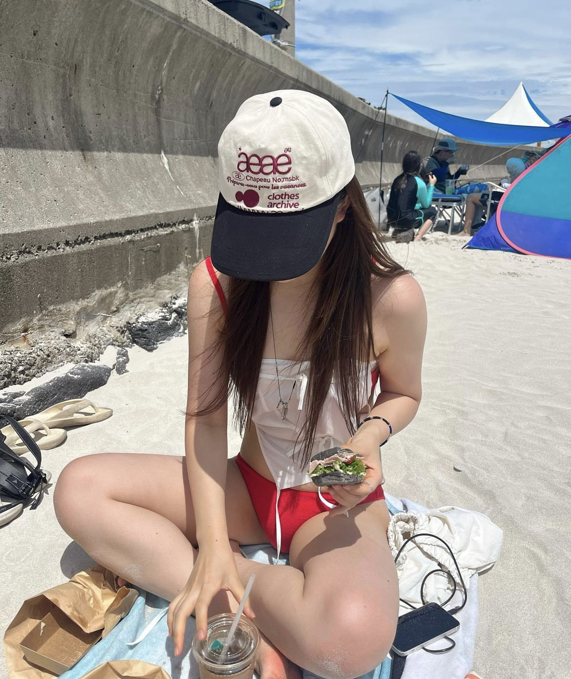 AEAE  WEB LOGO 5 PANNEL BALL CAP - [ECRU/BLACK]