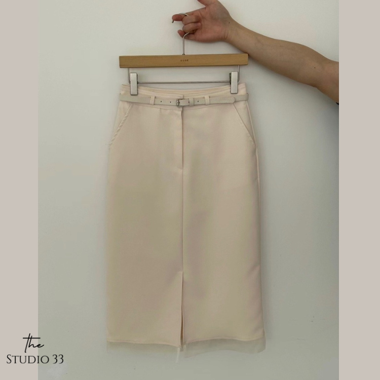 簡約蕾絲下擺前開衩兩片裙