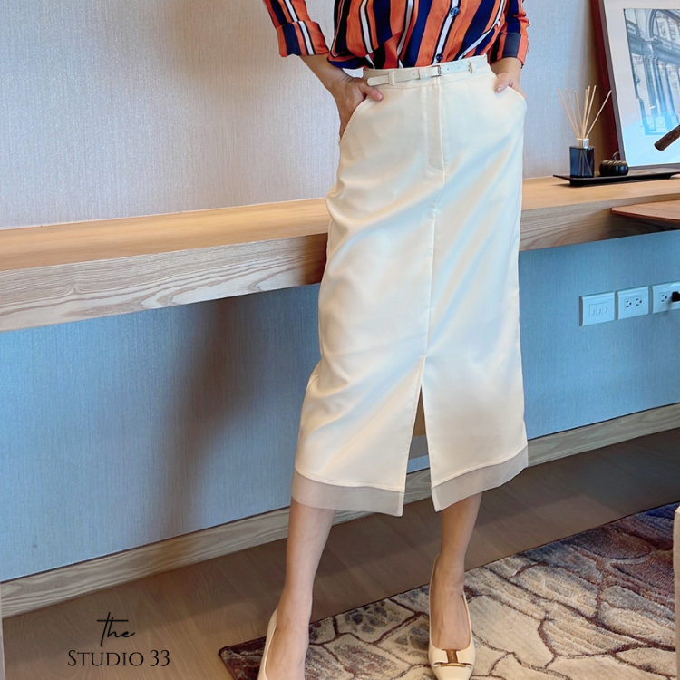 簡約蕾絲下擺前開衩兩片裙