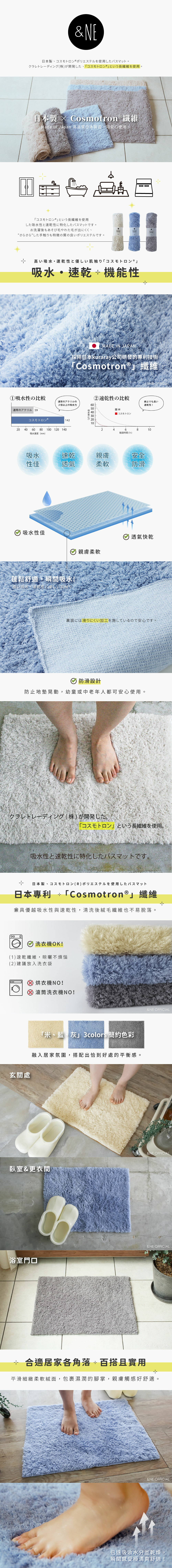 《&NE》日本製Cosmotron纖維吸水速乾地墊(米色)