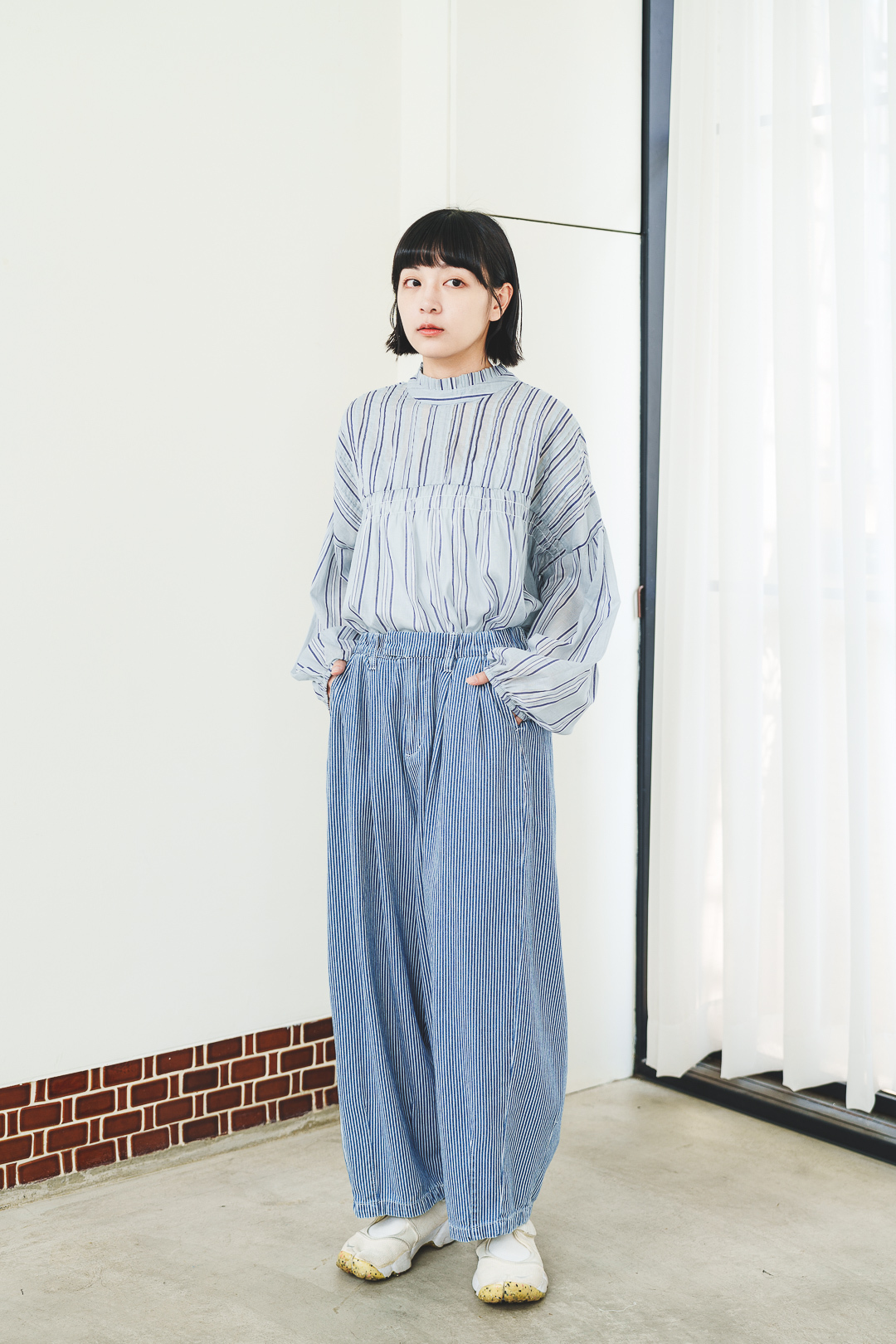 牛仔條紋寬褲(兩色-藍)