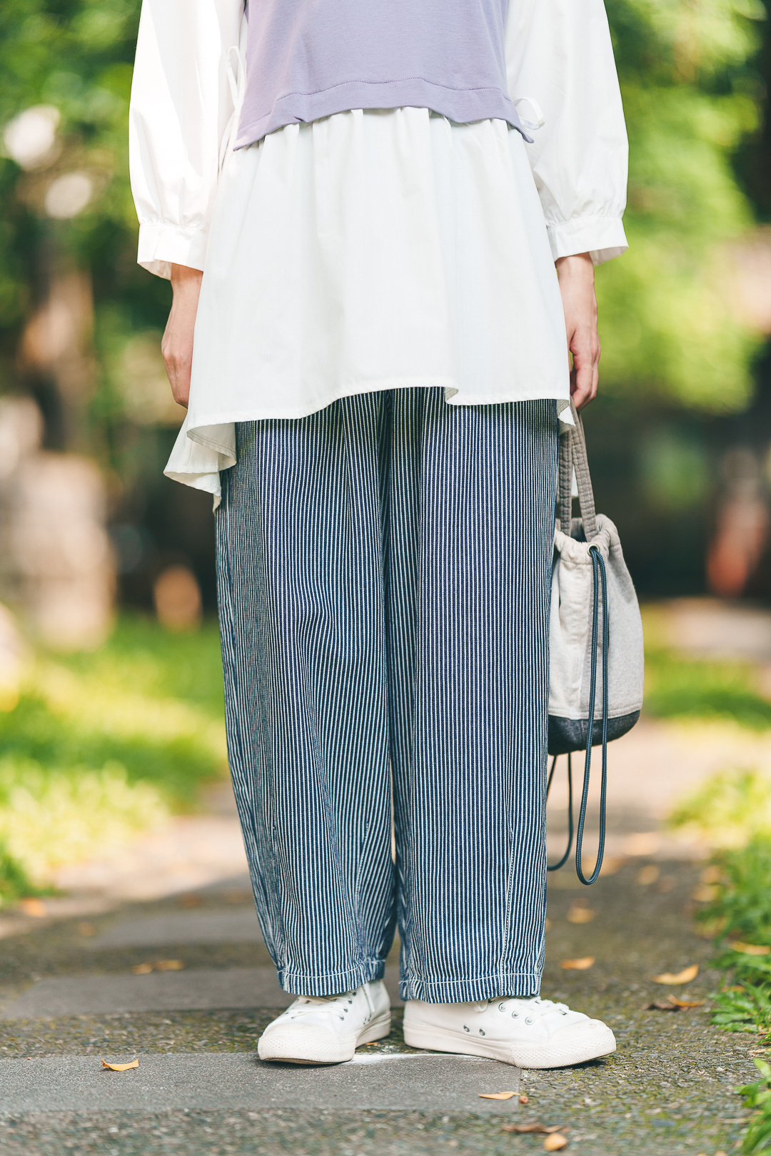 牛仔條紋寬褲(兩色-藏藍)